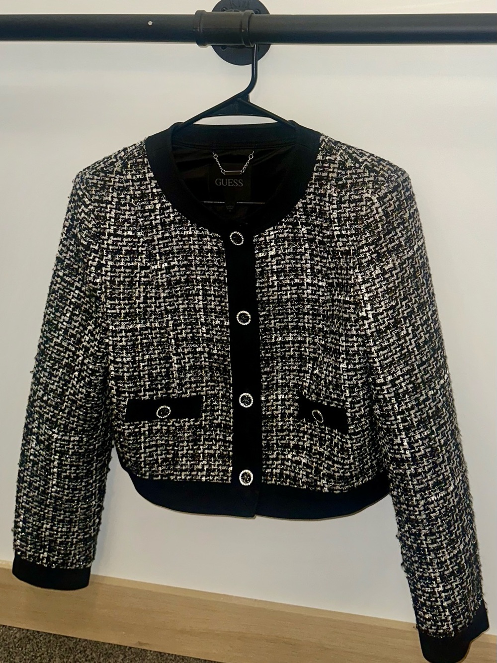 GUESS Black & White Tweed Cropped Button Blazer with Gold details